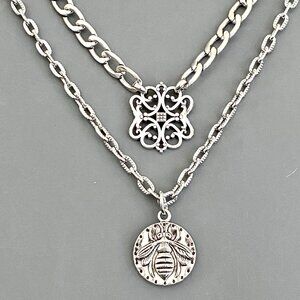 NEW, 2 pcs/set , layered silver tone necklaces, filigree french bee